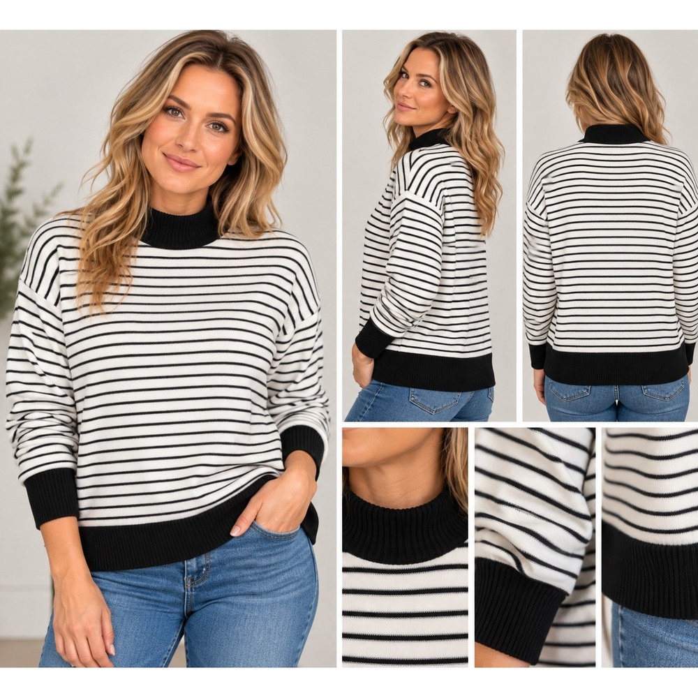 EVEREVE XS Black White Striped Mock Neck Sweater Pullover Long Sleeve